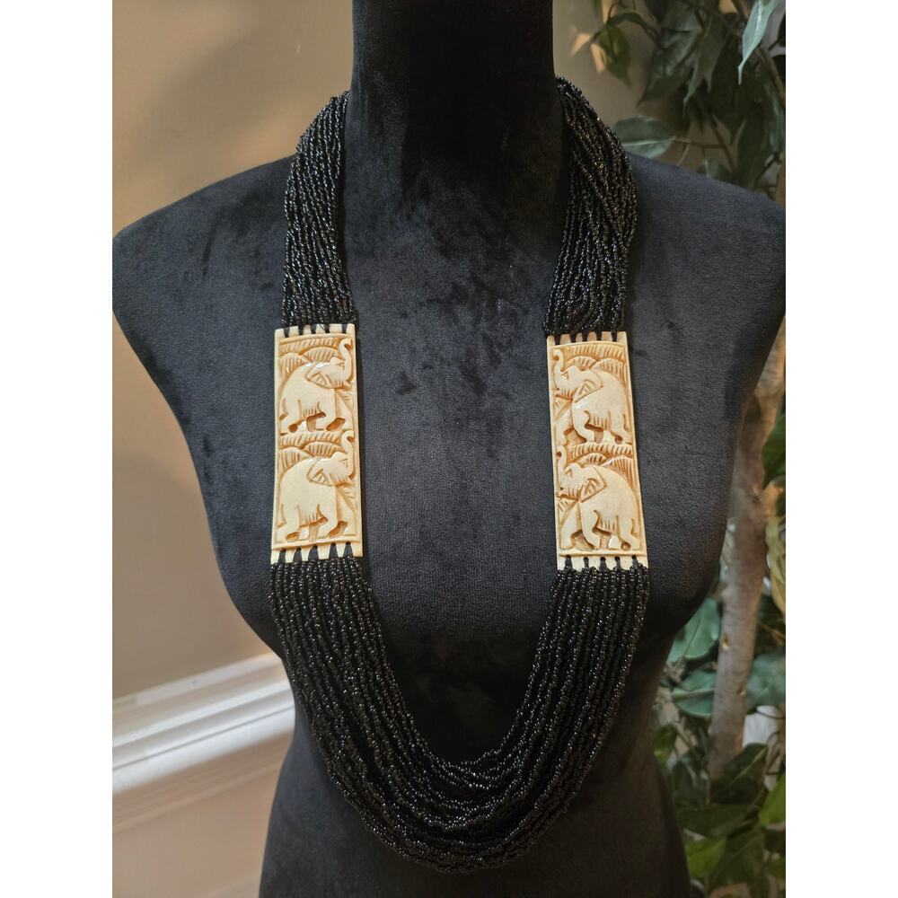 Women's Multi Strand Black Beaded Necklace With Gold Accents Lobster Claw Clasp